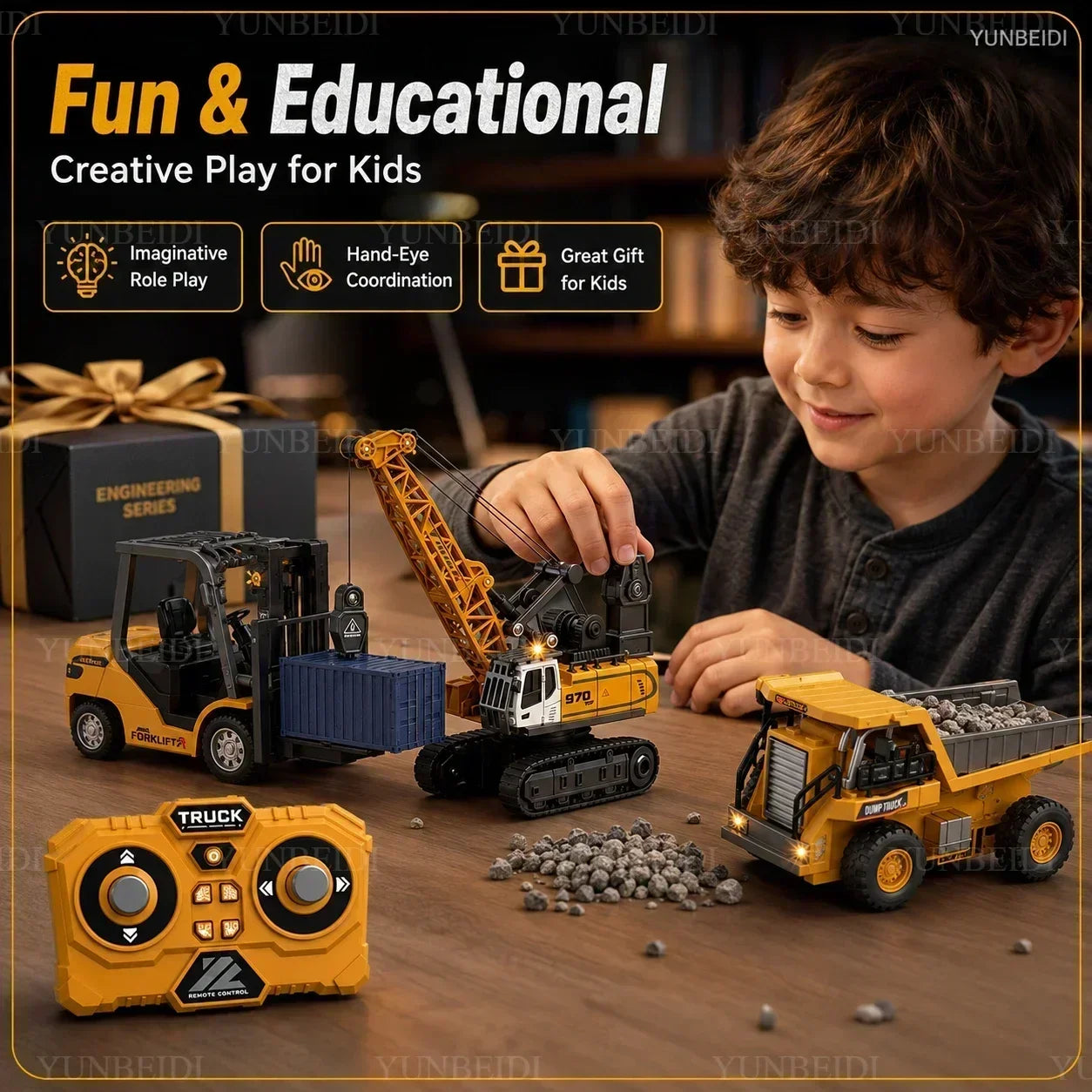 1:64 RC Mini Alloy Car Forklift with Trailer Excavator Desktop Game 2.4G Remote Control Engineering Lift Truck Child's Toy Gifts
