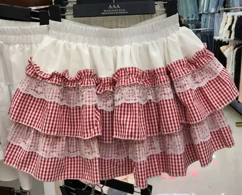 2025 Spring Summer Sweet Cute Lace Patchwork Plaid Cake Short Skirt With Shorts Womem Korean Japan Preppy Style Skirts