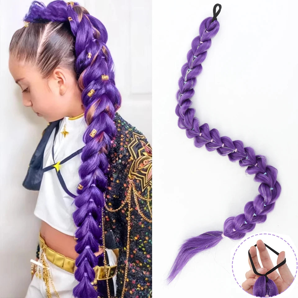 32inch Braided Purple Synthetic Ponytail with Tinsel Hair Wig Super Extensions Shiny Tinsel Hair for Kids Christmas Cosplay Hair