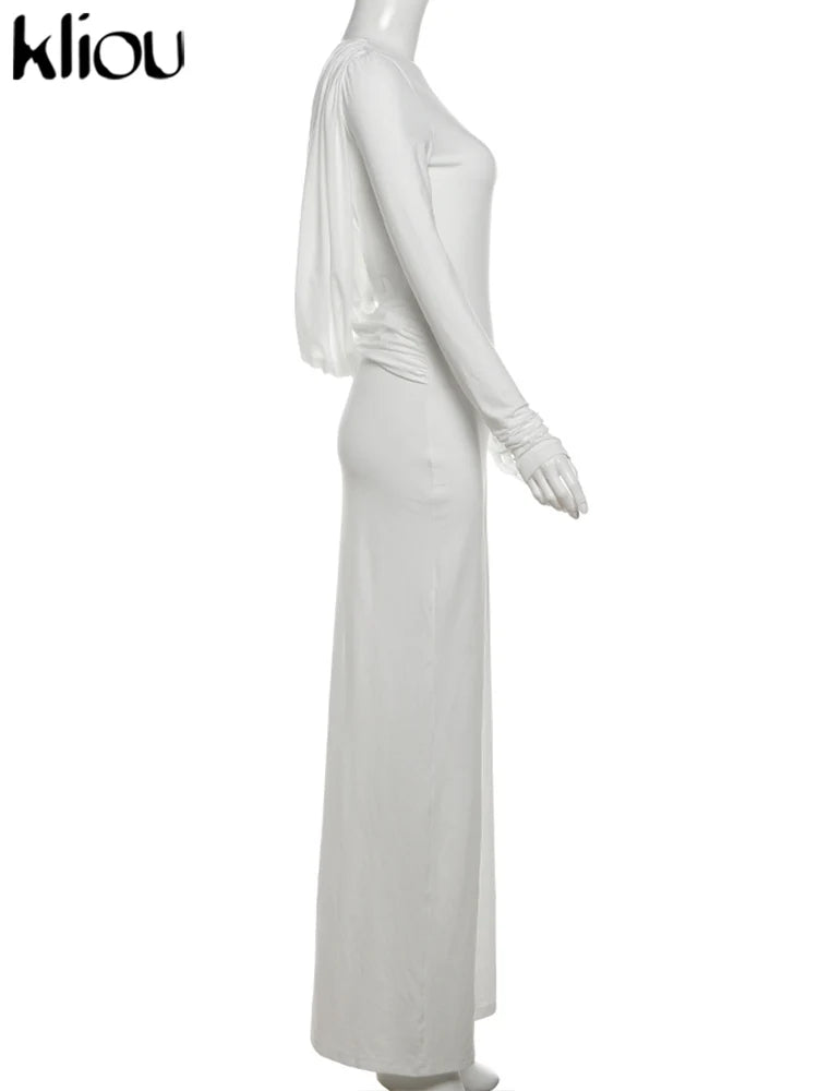 kliou Solid Elegant Women Maxi Dress Simple Fall Classic Trend Full Sleeve Swinging Backless Sheath Vestidos Mujer Evening Robe