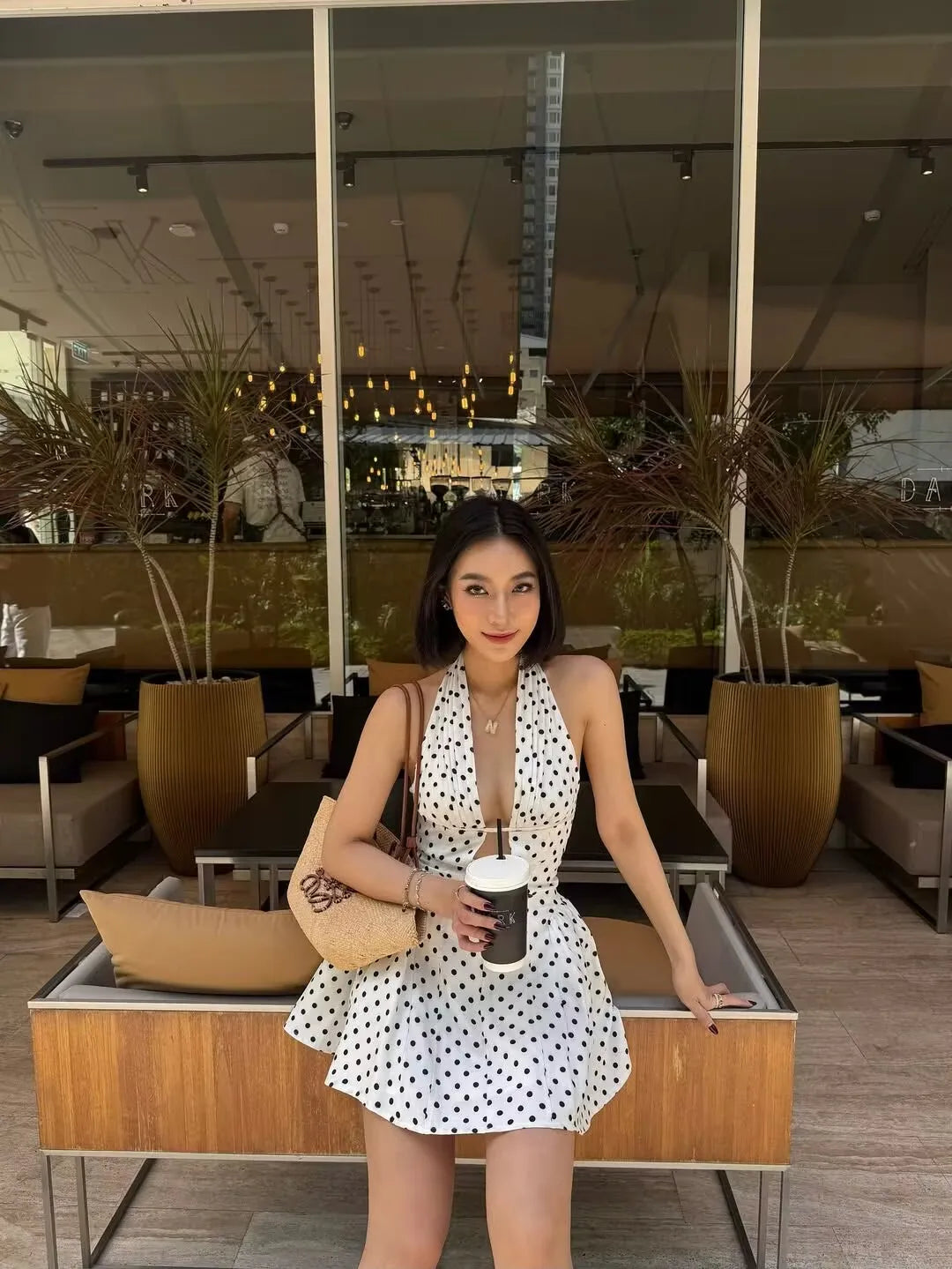 YENKYE French Style Retro Polka Dot Deep V Halter Dress Women Sexy Backless A-line Slim Sweet Elegant Mini Dresses Summer Robe