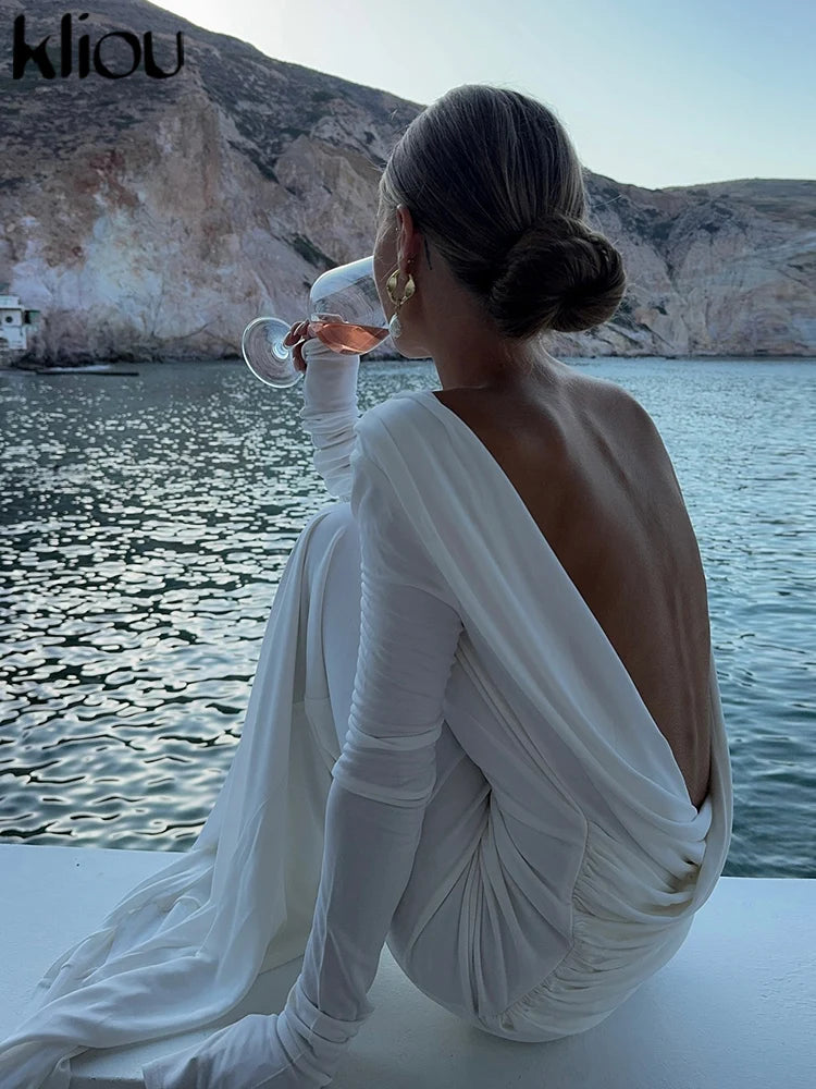 kliou Solid Elegant Women Maxi Dress Simple Fall Classic Trend Full Sleeve Swinging Backless Sheath Vestidos Mujer Evening Robe