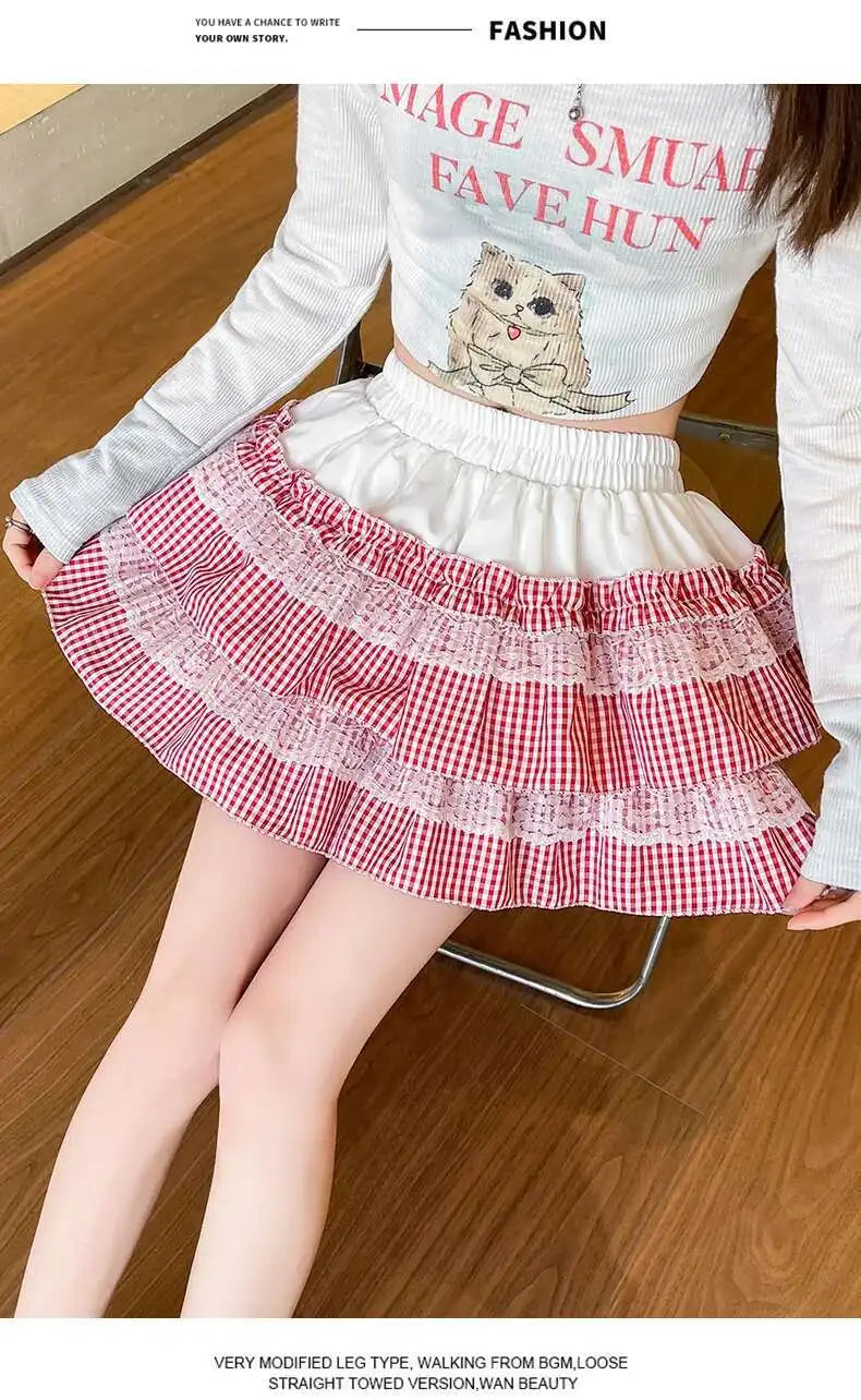 2025 Spring Summer Sweet Cute Lace Patchwork Plaid Cake Short Skirt With Shorts Womem Korean Japan Preppy Style Skirts