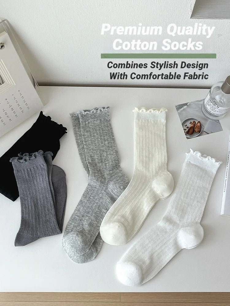 Women Solid Color Mesh Mid Tube Socks Spring Summer Thin Lightweight Breathable Wavy Edge Ballet Style Casual Hollo