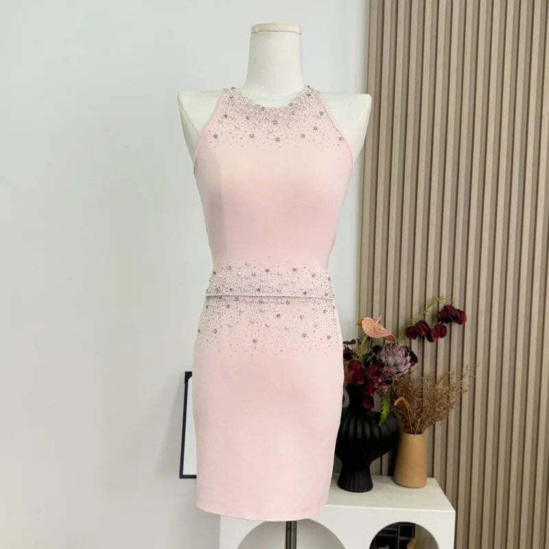 Womem Nail Bead Top + Short Skirt Two Piece Outfit Ensemble Femme High Quality French Luxury Diamonds Knitted 2 Piece Set