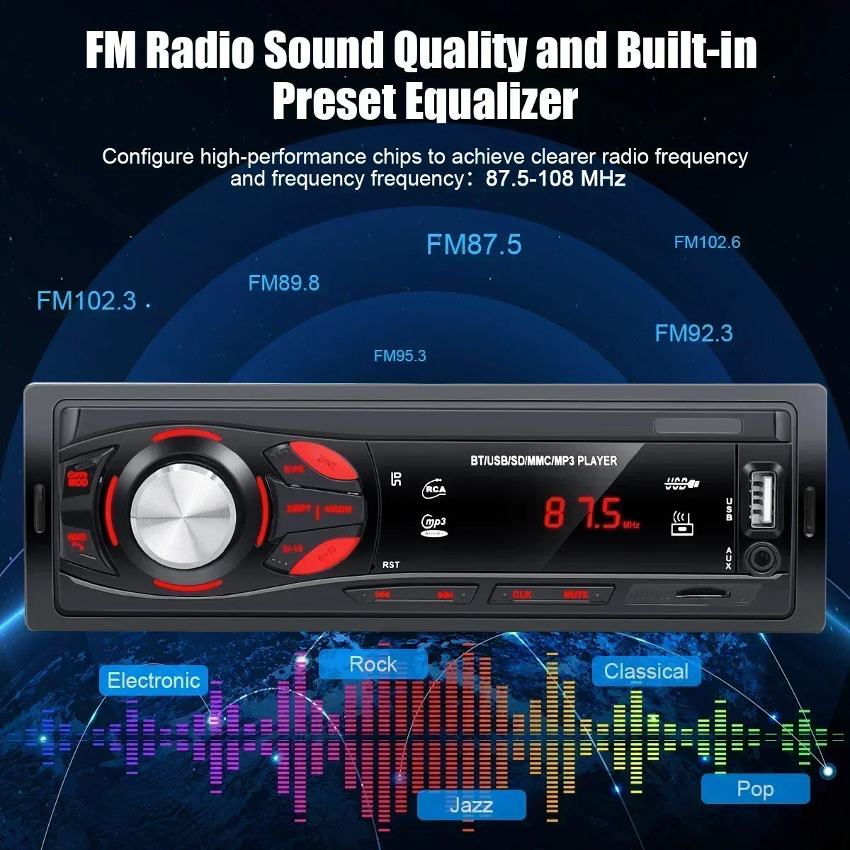Bluetooth Enabled Stereo Car Radio, FM Receiver with MP3 & Hands-free Calling Including Card Insertion