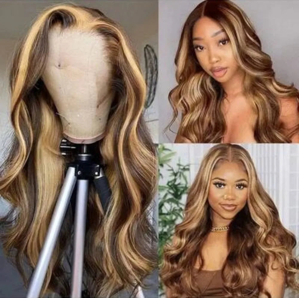 13x4 HD Highlight Body Wave Lace Front Wigs Human Hair For Women Glueless Pre Plucked 4/27 Colored 200% Density With Baby Hair