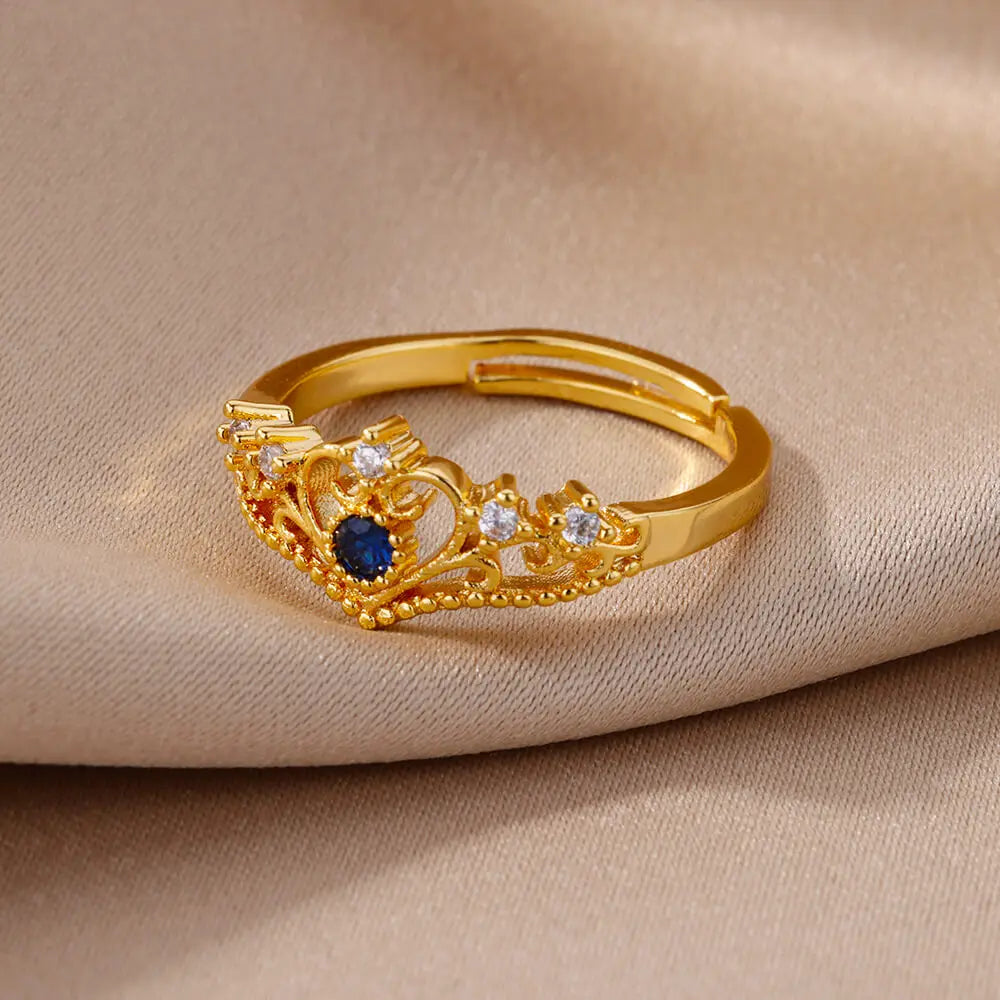 Blue Zircon Crown Rings For Women Stainless Steel Adjustable Crown Ring 2023 Trend Design Female Wedding Jewerly Free Shipping