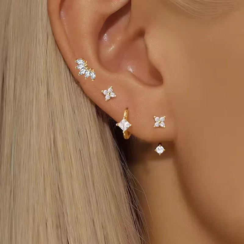4PCS Zircon Heart Moon Flower Small Hoop Earrings Set For Women Stainless Steel Huggies Pendant Piercing Earrings Jewelry Aretes