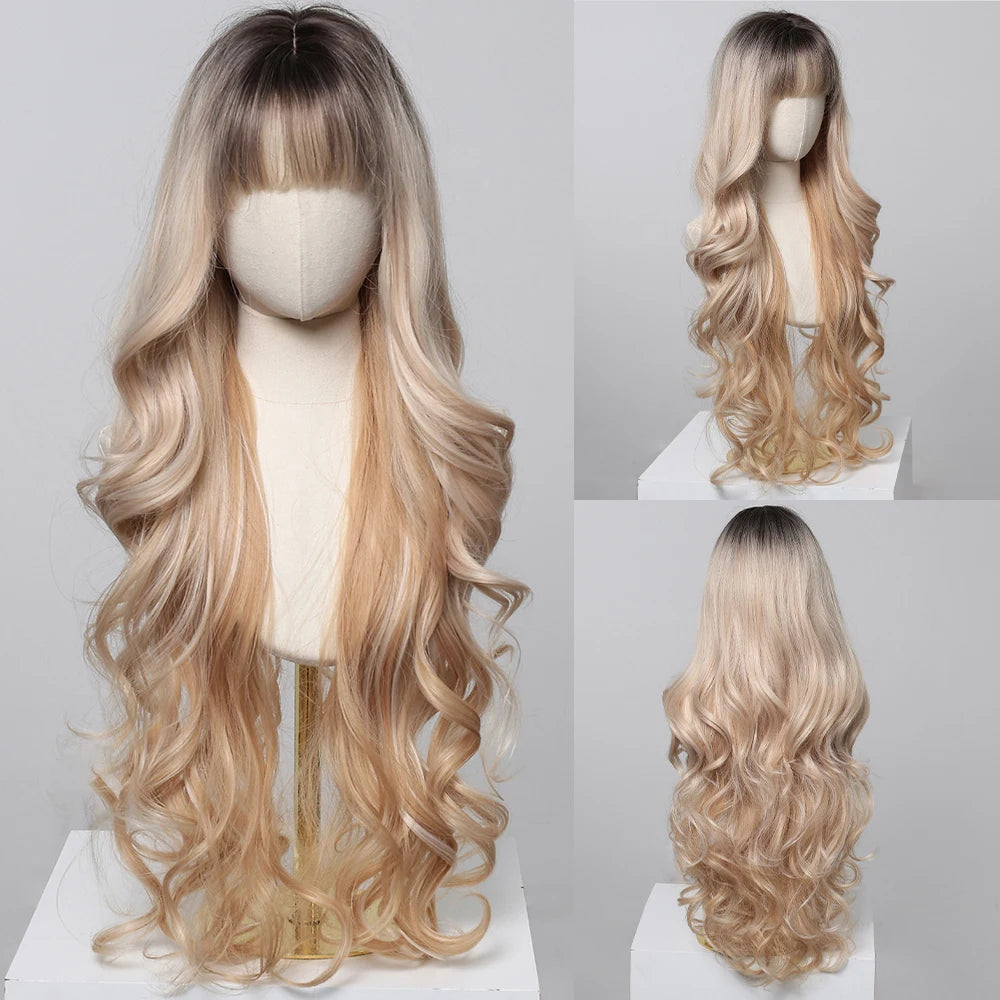 Brown Wavy Wigs for Women with Bangs Long Natural Synthetic Hair Wig Daily Cosplay Heat Resistant