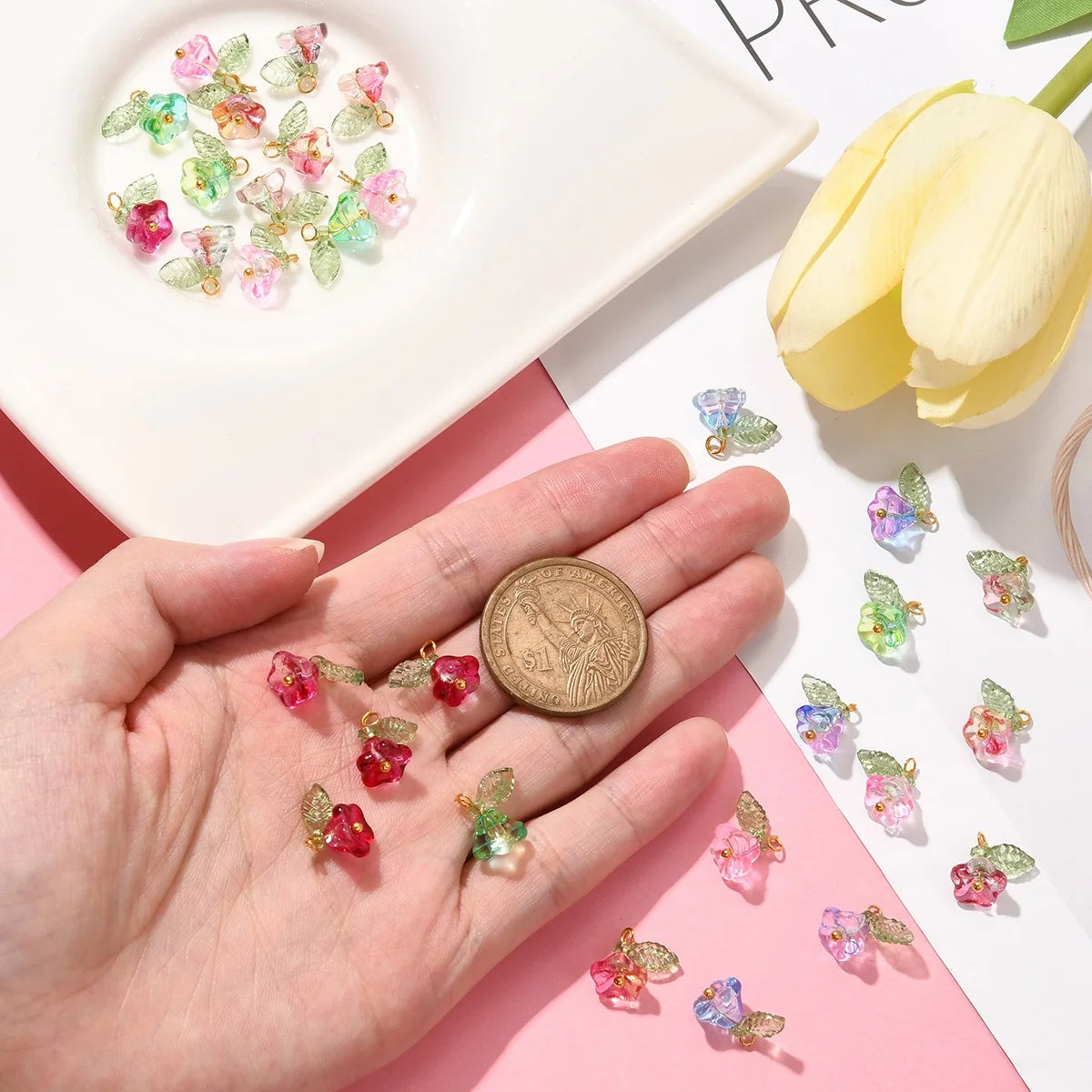 30Pcs 6 Colors Pendants beads Flower with Golden Findings Charms for Women Necklace Bracelet Earrings DIY jewelry making