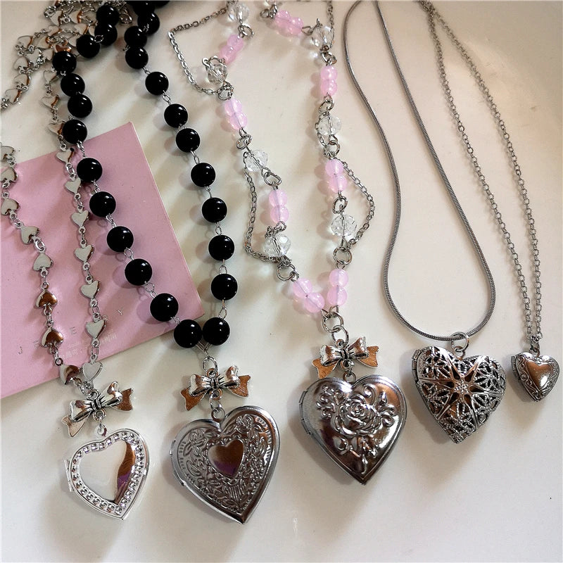 Goth Y2k Aesthetic Heart Locket Pendant Open Female Silver Color Stainless Steel Photo Frame Charm Necklace Women EMO Jewelry