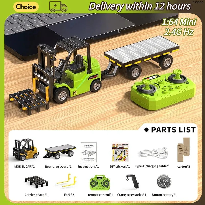 1:64 RC Mini Alloy Car Forklift with Trailer Excavator Desktop Game 2.4G Remote Control Engineering Lift Truck Child's Toy Gifts