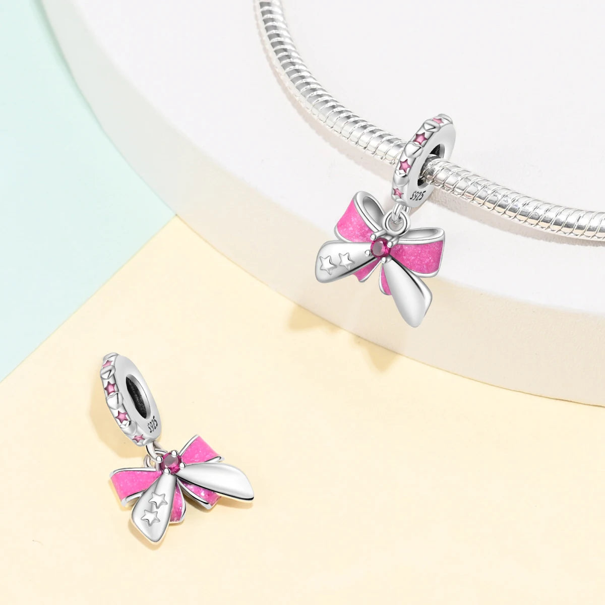 Silver Bow Charms 925 Sterling Silver Pink Heart-shaped Bow Pendants Charms Beads Fit Original S925 Bangle Bracelets DIY Jewelry