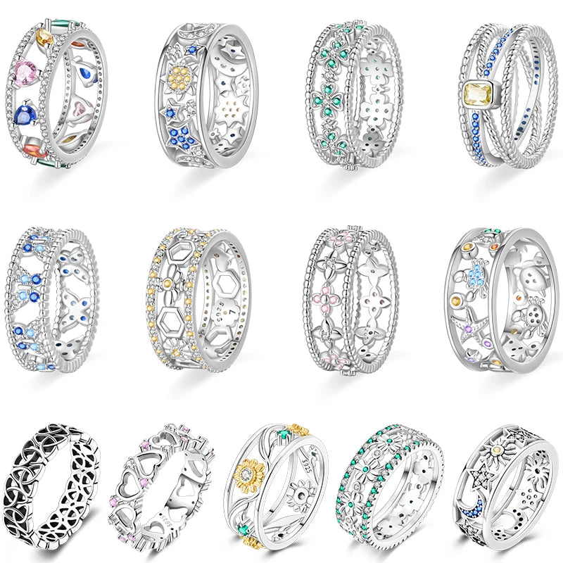 Rings For Women 925 Silver Size 6-9 Ocean Flower Sun Butterfly Heart Hollow Ring Fit For Engagement Weddings Fine Jewelry Gifts