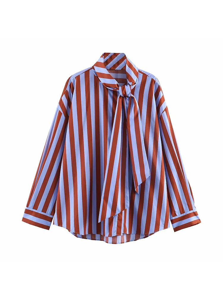 Women New Music Festival Chic Blouse Women's Loose Fit Striped Shirt Bow Single Breasted Simple Casual Female Top