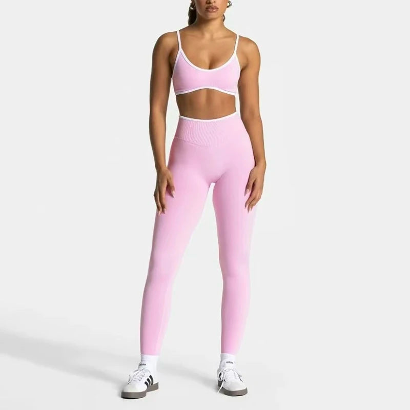 2PCS High Waisted Sports Bra Set with Contrasting Small Suspender Tight Fitting Hip Lifting Training Bra And Pants