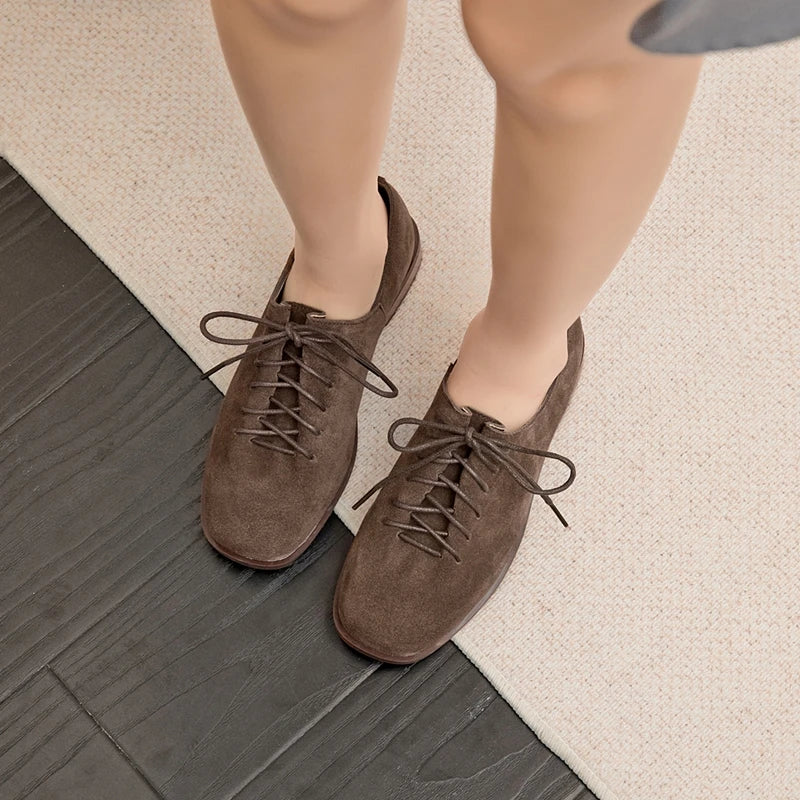 Women Loafer Lace-up 2025 New Spring Shoes Women Suede Genuine Leather Women Oxford Shoes Large Size British Style Women Shoes