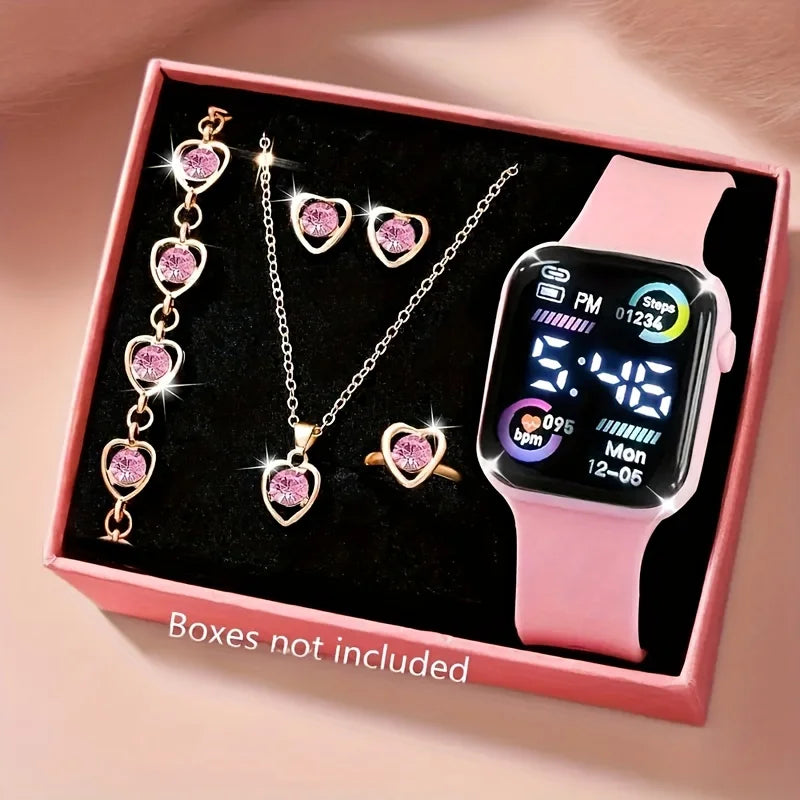 6-piece set of fashion electronic watch necklace earrings ring set for teenagers boys and girls, the best choice for frien