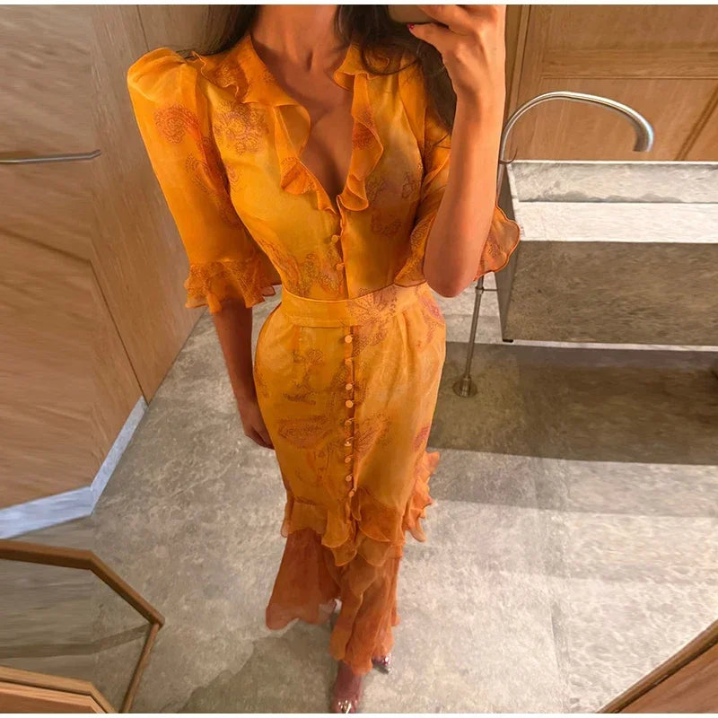 Fashion Organza Floral Printed Maxi Dress V-Neck Puff Sleeve 2026 Spring/Summer Romantic Women Party Gown Elegant Lady Vestido