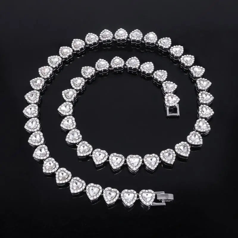 45CM New Hip Hop Tennis Chain Bracelet Necklace Shiny Heart Rhinestone CZ Fashion Rock Party Jewelry