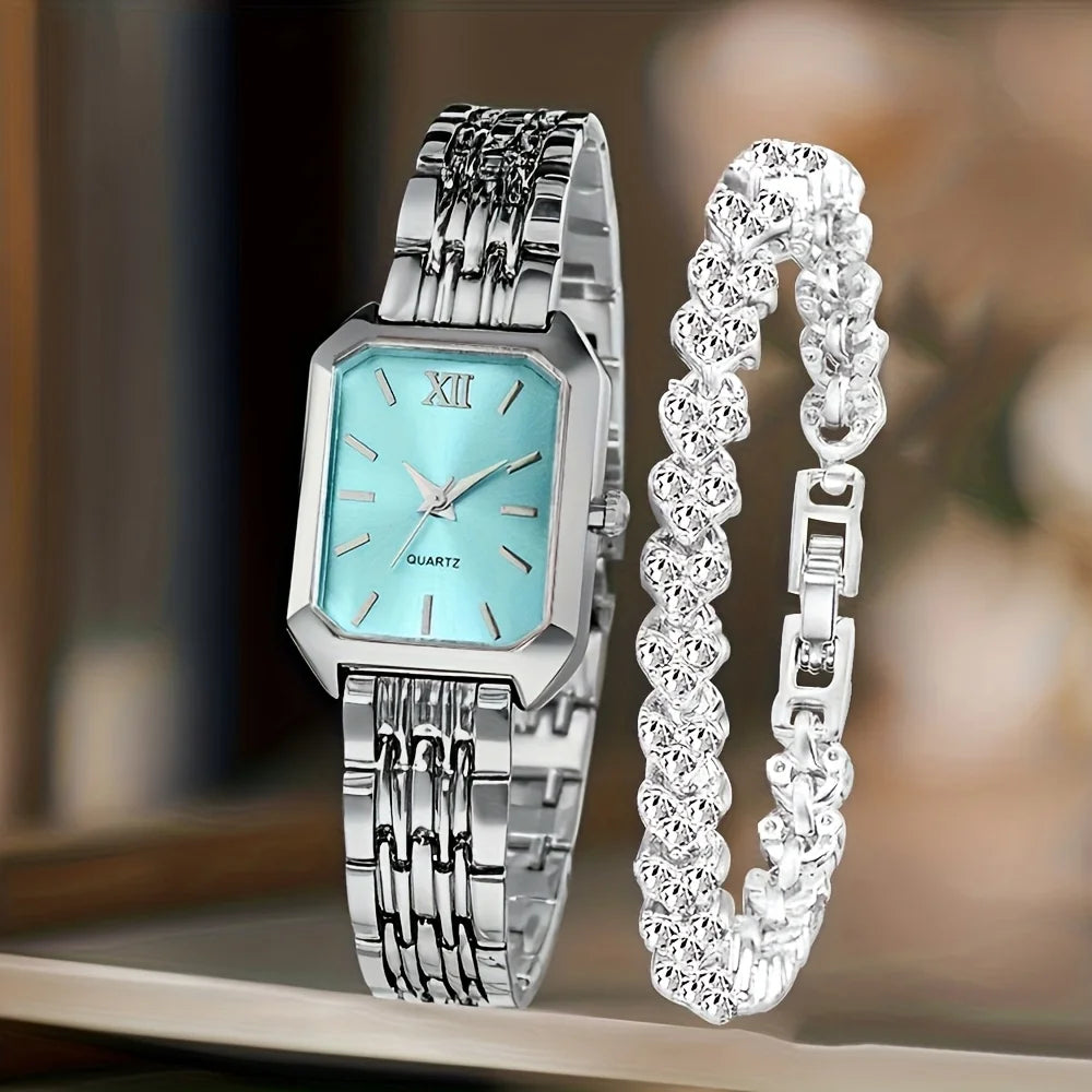 2PCS Fashion Rectangle Women Quartz Watch Rhinestone Bracelet Set Roma Dial Ladies Wristwatches Girls Clock Reloj Mujer