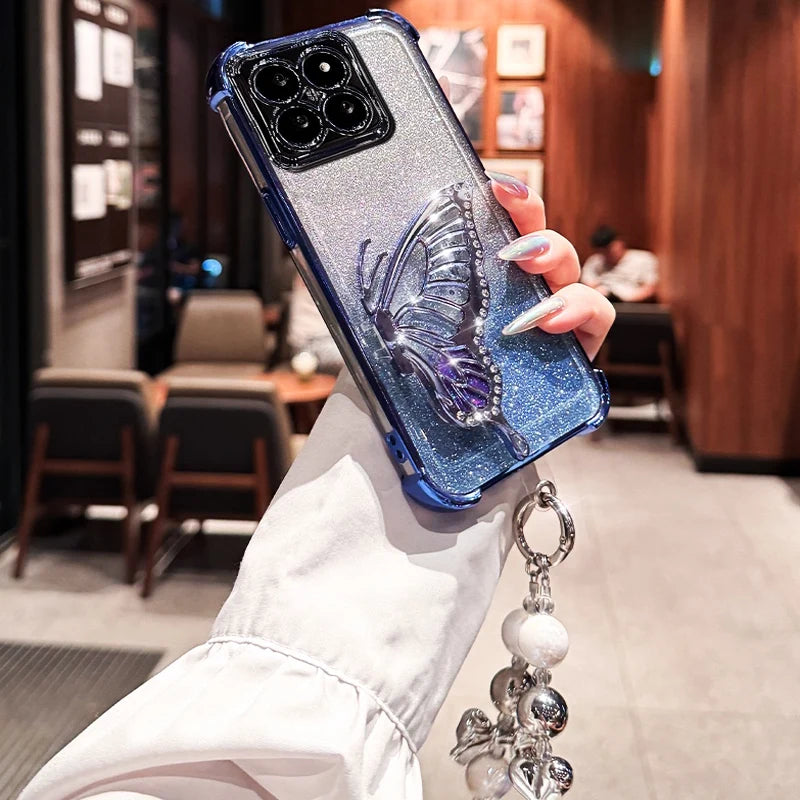 Shockproof Plating Glitter Butterfly Bracket Bracelet Case for Xiaomi 17 Pro Max Xiaomi17 13T 14T 15T Pro 15 Ultra Stand Cover