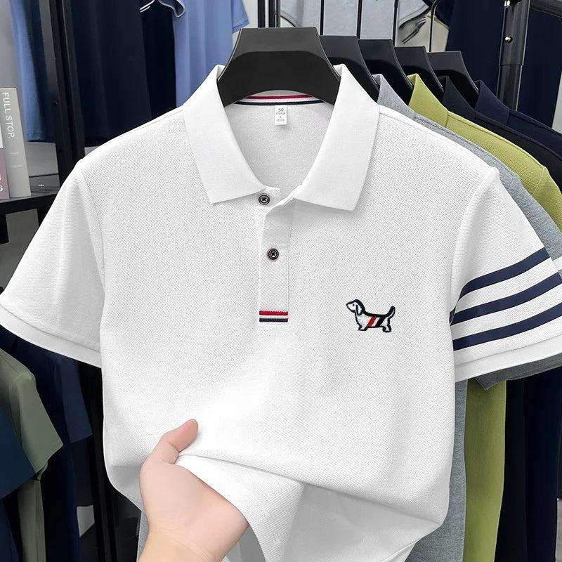 luxury brand men's high quality short sleeves polo shirt lapel embroidery puppy cuff stripe t-shirt business leisure men's wear