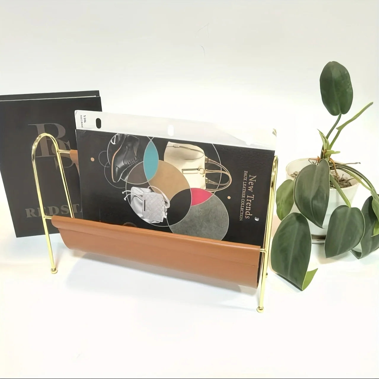 Nordic Metal Magazine Rack - Faux Leather Desk Organizer with Gold Frame, Compact Storage for Home Office/Bookshelf Decor