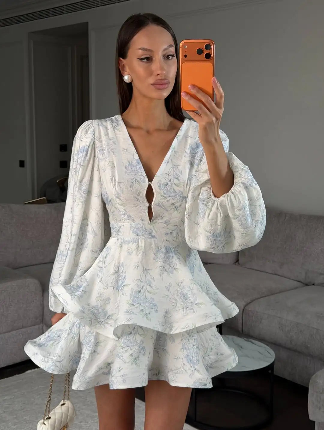 Fashion Organza Floral Printed Maxi Dress V-Neck Puff Sleeve 2026 Spring/Summer Romantic Women Party Gown Elegant Lady Vestido