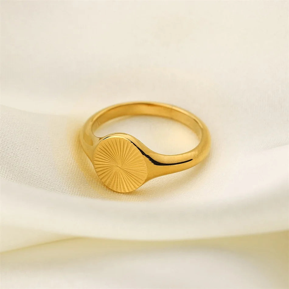 SUNIBI Stainless Steel Rings for Women Gold Color Do Not Fade Wave Rays Texture Signet Dainty Ladies Ring Jewelry Wholesale