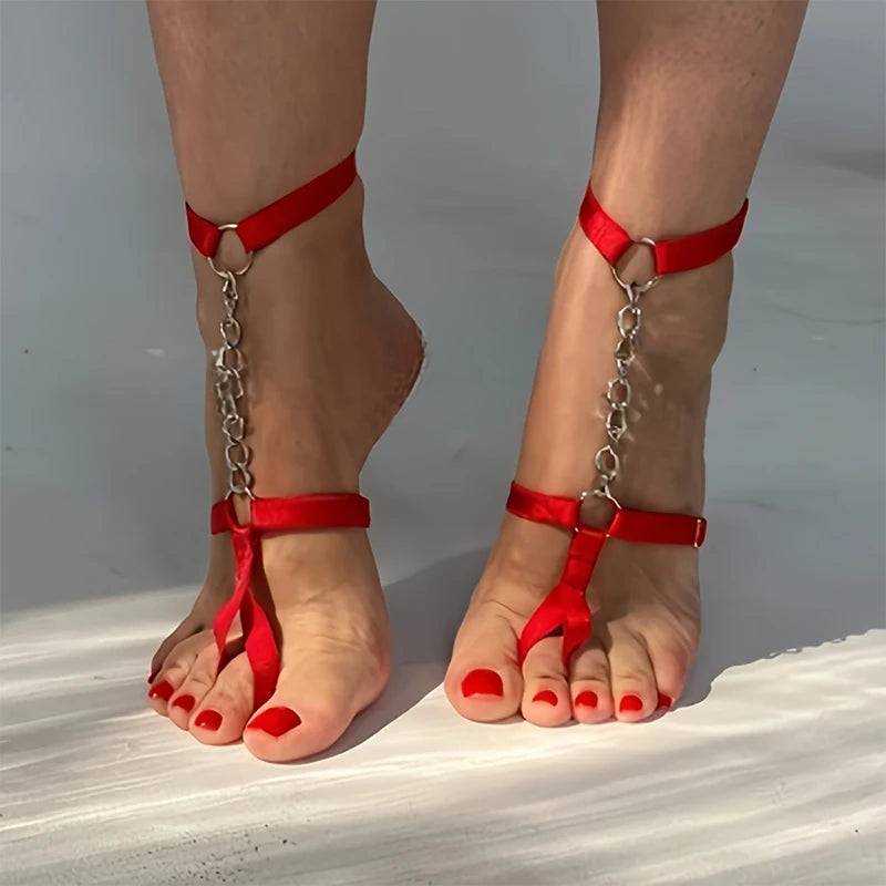 【MAX-22】1Pcs Chain Gothic Black Elastic Band Bandage Anklet Bracelet For Women High Heel Summer Barefoot Sandals Prom Foot Belt