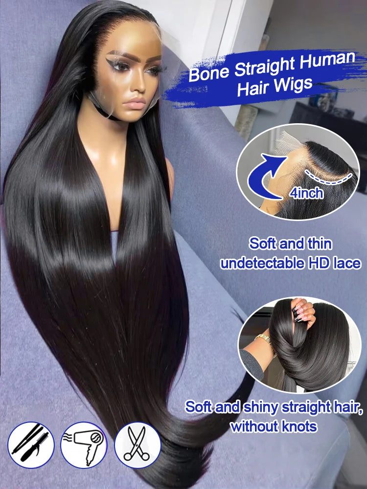 Smooth Silky Long Straight Glueless Full Lace Front Human Hair Wigs For Women Cambodian Raw Virgin 13x4 13x6 Hd Bone Straight Transparent Lace Front Wig Human Hair 40 42 Inch 300 Density Silky Straight HD Lace Frontal Wig Pre