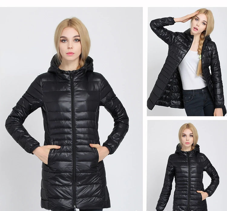 Women Long Warm Light Down Jacket Ladies Fashion Hooded with Portable Storage Bag Puffer Coats Women's Overcoats Hip-Length Coat