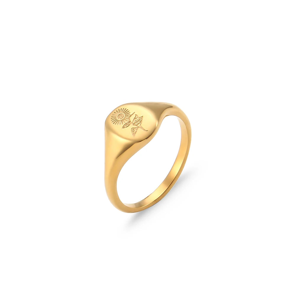 Handmade Tarnish Free Stainless Steel 18k Gold Plated Engraving Wildflower Tea Leaf Lavender Sunflower Signet Rings For Women