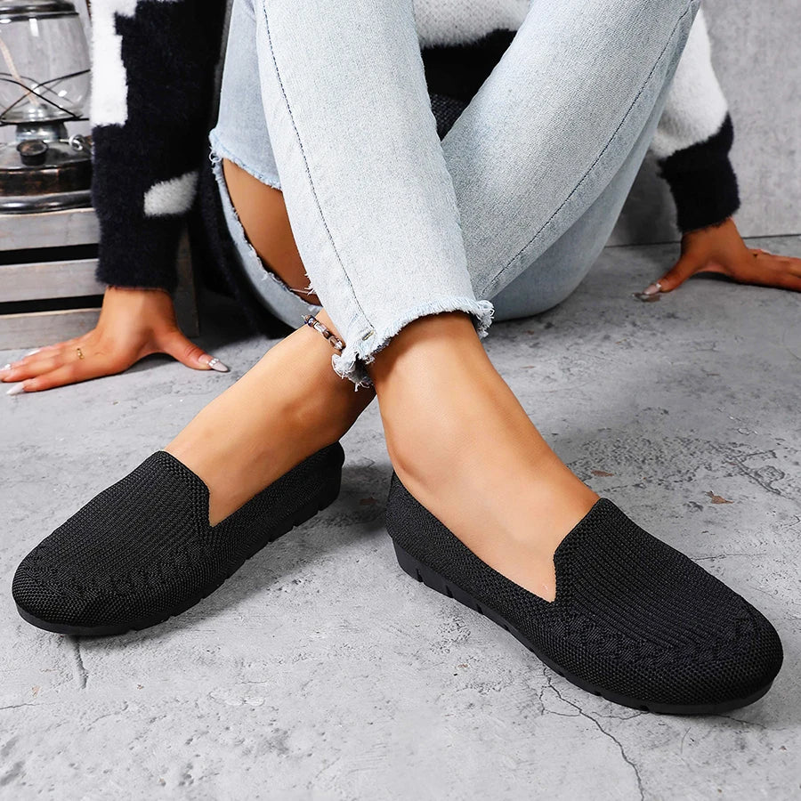 Women's Solid Color Knit Loafers Lightweight Anti Slip Flat Shoes for Casual Wear