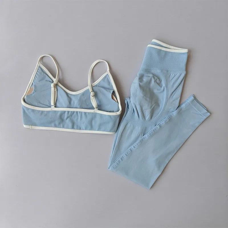 2PCS High Waisted Sports Bra Set with Contrasting Small Suspender Tight Fitting Hip Lifting Training Bra And Pants