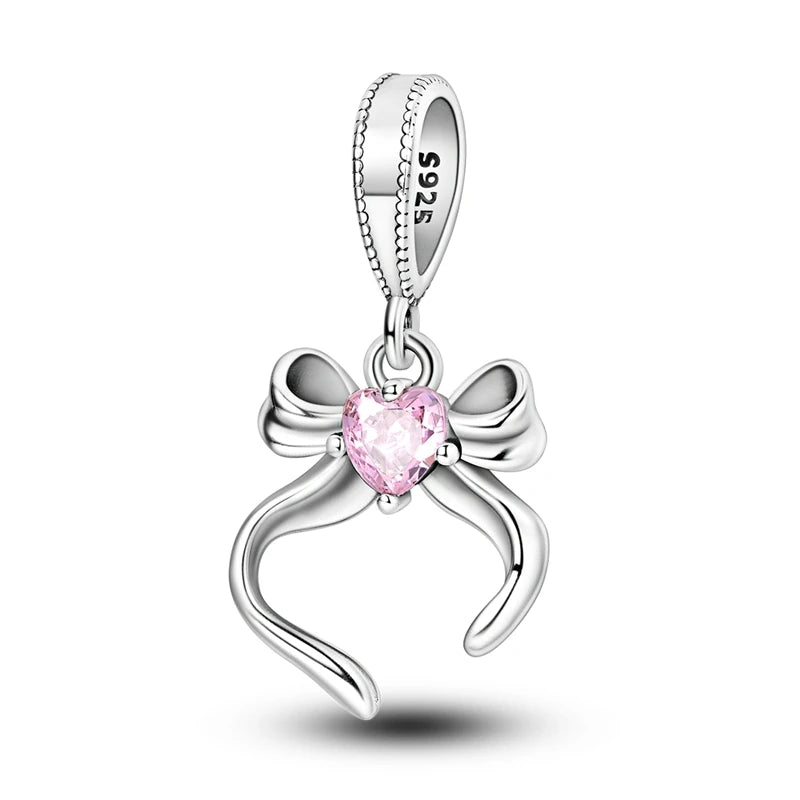 Silver Bow Charms 925 Sterling Silver Pink Heart-shaped Bow Pendants Charms Beads Fit Original S925 Bangle Bracelets DIY Jewelry