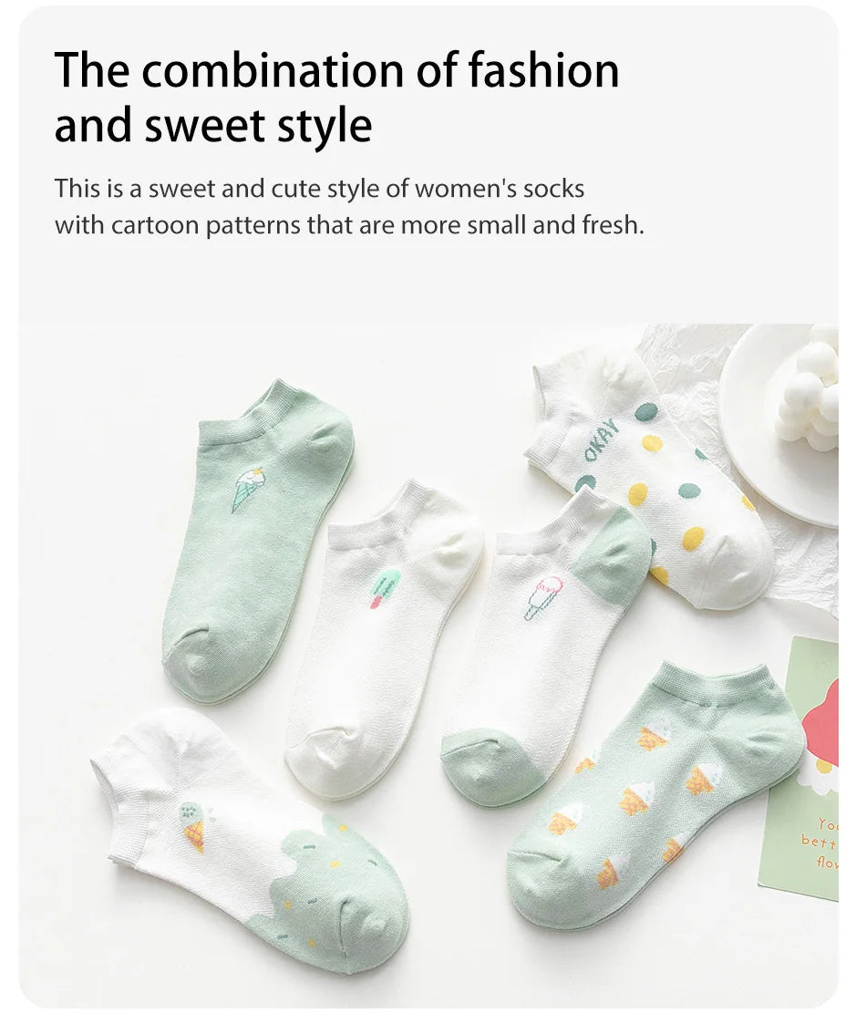 6 Pairs of Women Is Summer Thin Short Socks Sweet Cute Breathable Mesh Comfortable and Small Floral Fragments