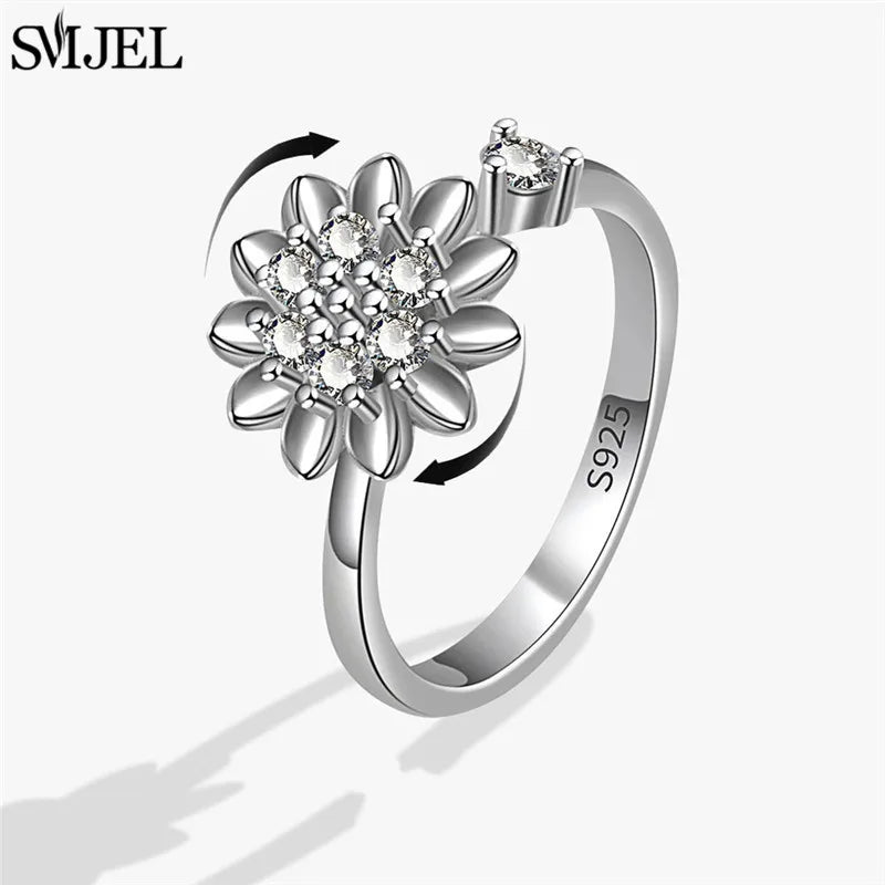 Ethnic Fashion Daisy Flower Anxiety Ring Adjustable Women Girls Worry Stress Relief Jewelry Spinning Fidget Rings Party Gifts