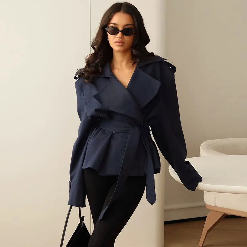 F New Fashion Lace up Cropped Trench Coat Women Lapel Long Sleeves Wide Shoulder Windbreaker Jacket Fall Commuting Daily Jackets