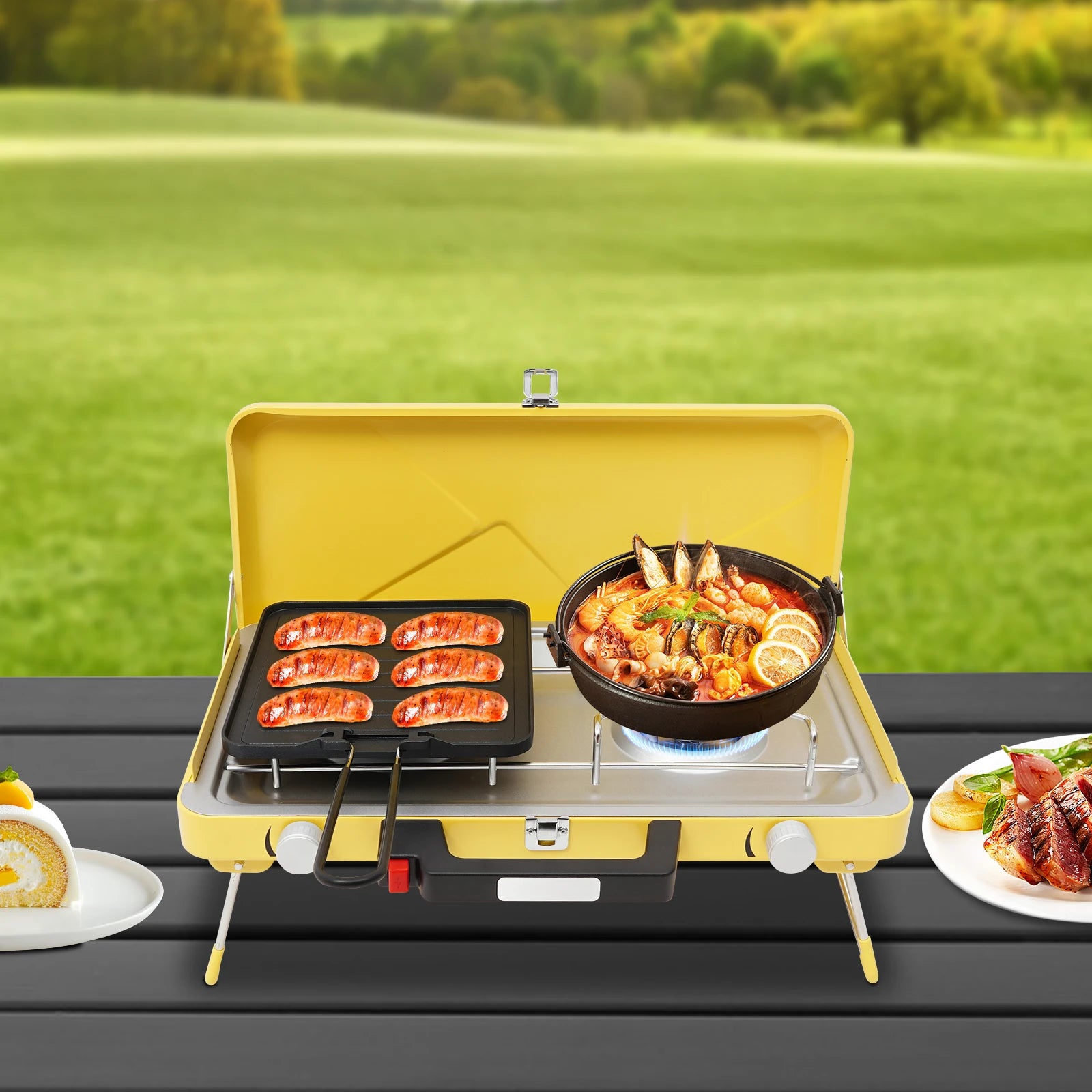 Portable Outdoor Gas Stove,Camping Stove 2 Burners 3500W with Windshield for Picnic,Camping,Family Dinner Yellow