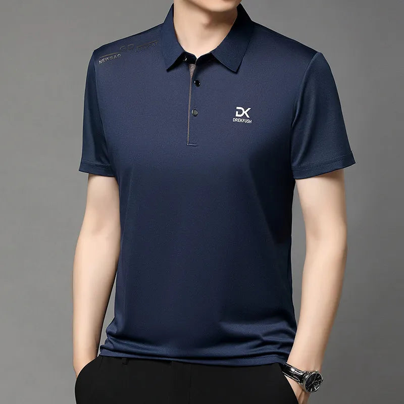 New Men's Business Casual Short Sleeved Shirt with Badge Solid Color Polo Shirt Fashionable Breathable Comfortable Versatile Top