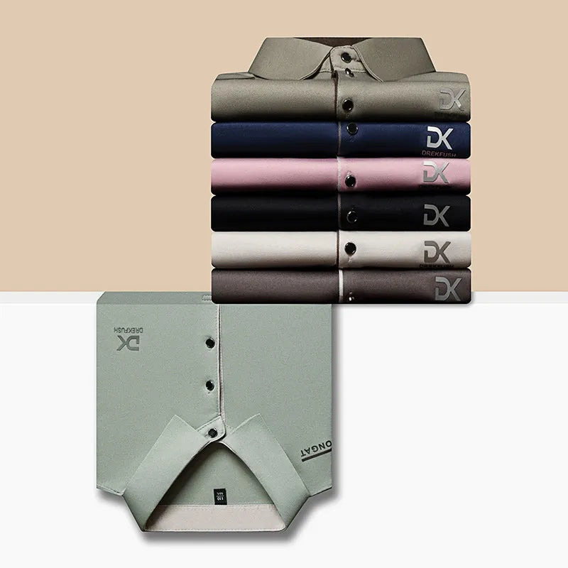 New Men's Business Casual Short Sleeved Shirt with Badge Solid Color Polo Shirt Fashionable Breathable Comfortable Versatile Top
