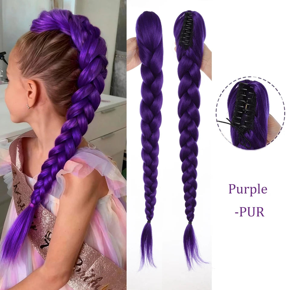 28inch Synthetic Hair Long Braided Purple Hair Ponytail Extensions Rumi Hairstyle Claw Clip Hair Wig for Kids for Chritmas Party