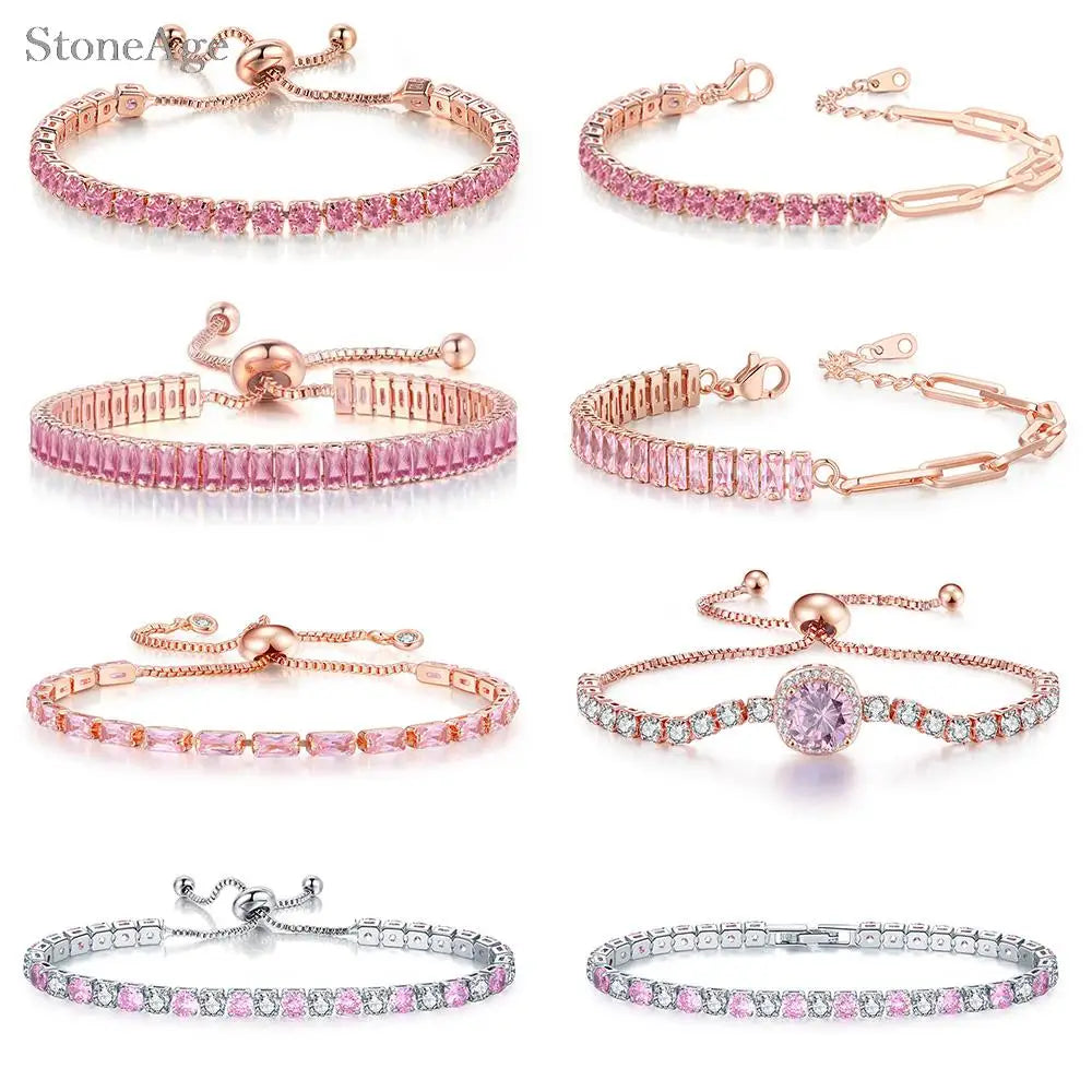 Pink Crystal Tennis Bracelets for Women Female Trend Romantic Shiny Zirconia Adjustable Folding Buckle Chain on Hand Jewelry