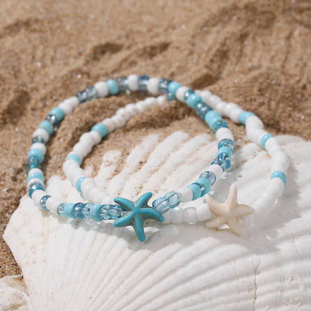White Turquoise Beaded Chain Starfish Pendant Ankle Summer Bracelet Charm Sandals Barefoot Beach Foot Bridal Jewelry