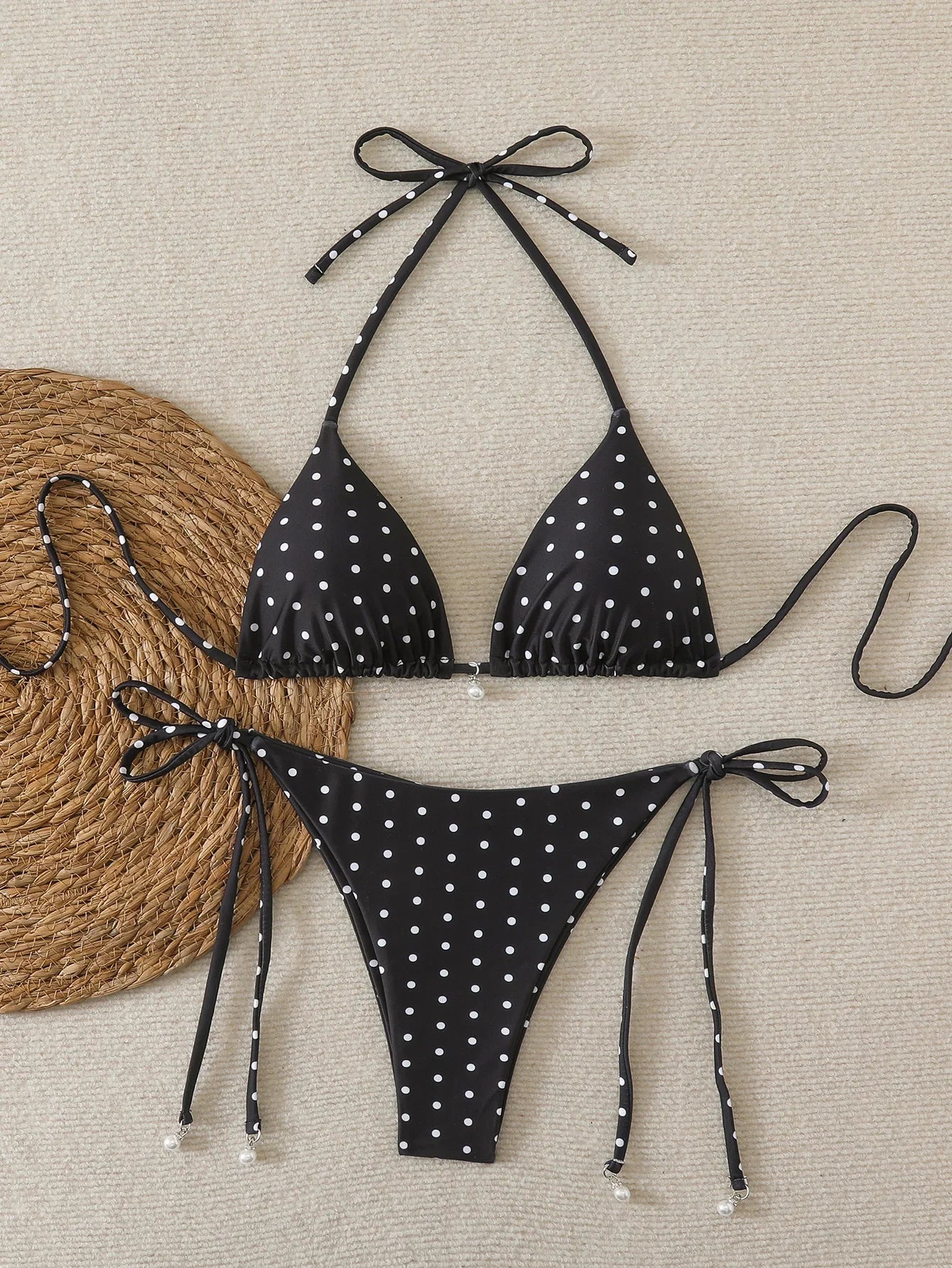 Women's Sexy Polka Dot Halter Bikini Set Lace-Up Low Waist Two-Piece Triangle Thong Swimwear Tie On Side Brazilian Biquinis
