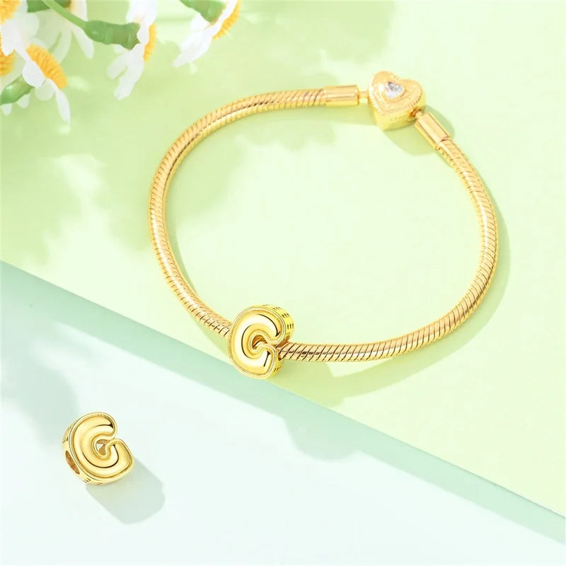 New Hot Sales 925 Sterling Silver 26 Golden Letters Charms Bead Fit Original Bracelet DIY Women Birthday Jewelry Gifts