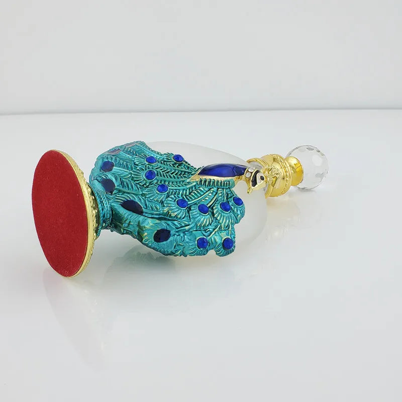 Artistic 30ml Empty Perfume Bottle, Dubai-Inspired Metal and Glass Container Adorned with a Peacock Motif, Great for Refilling E